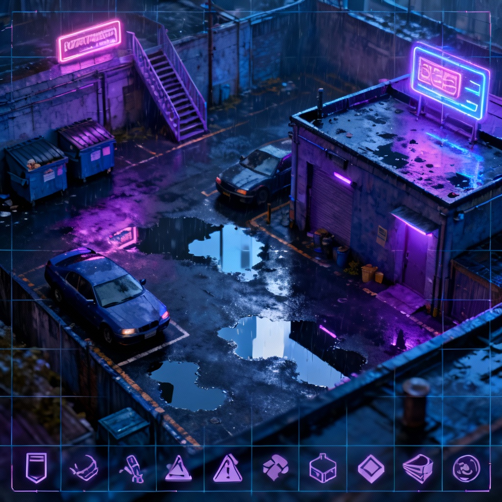 Neon city block skirmish map with rain-slick streets and grid