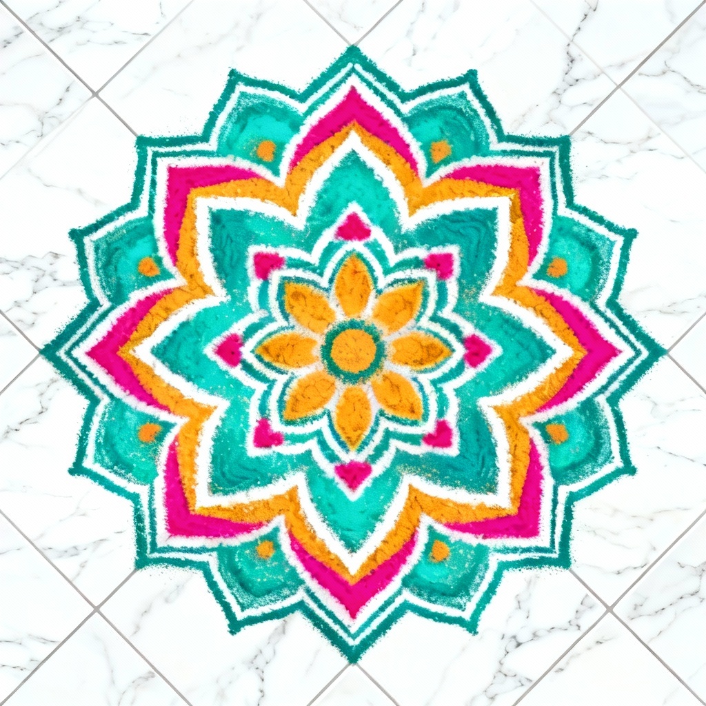 Top-down rangoli illustration with bright powders