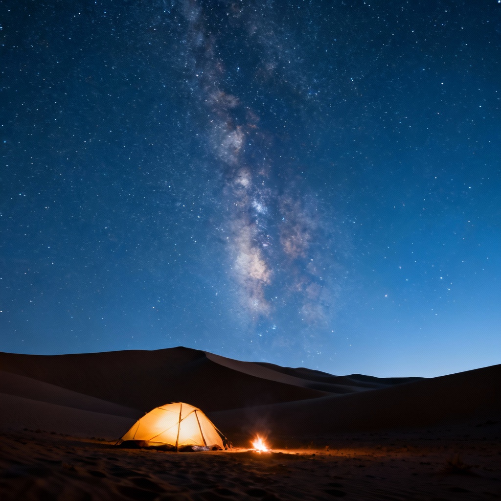 AI starry desert night with glowing tent and Milky Way