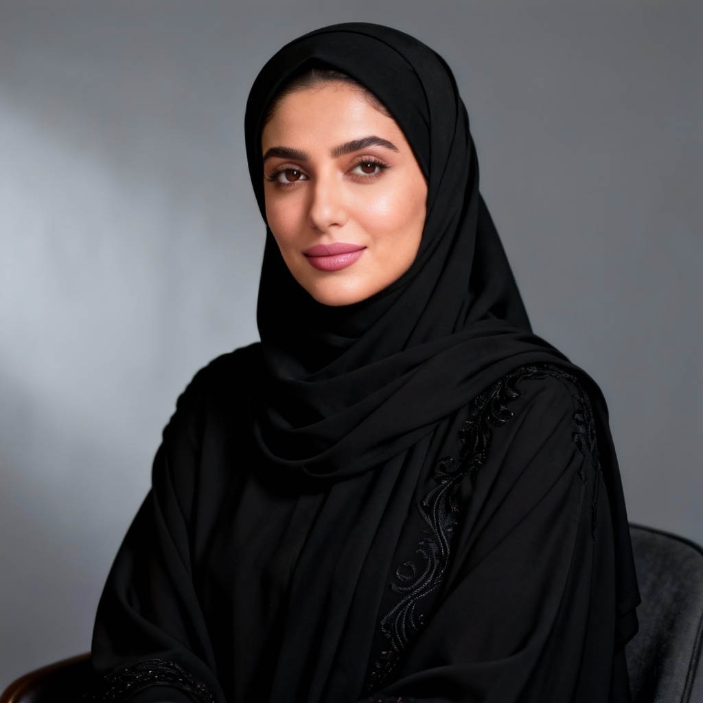 AI Gulf business headshot of a woman in abaya with subtle embroidery
