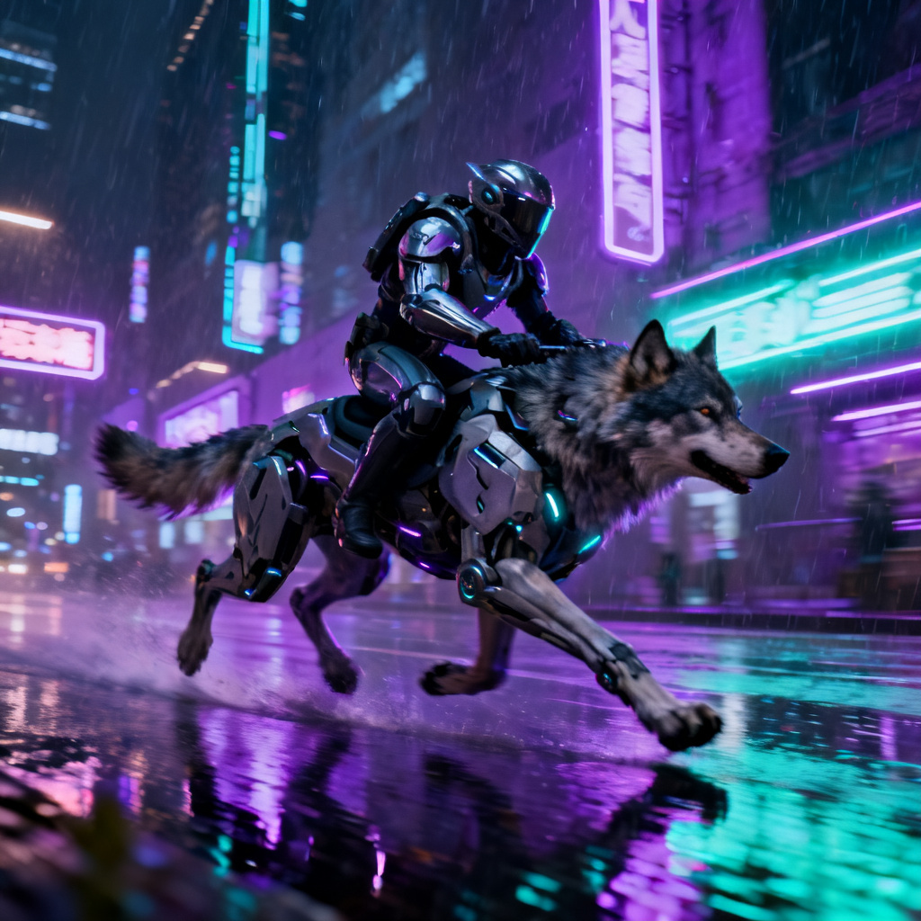 Sci fi rider on robotic wolf