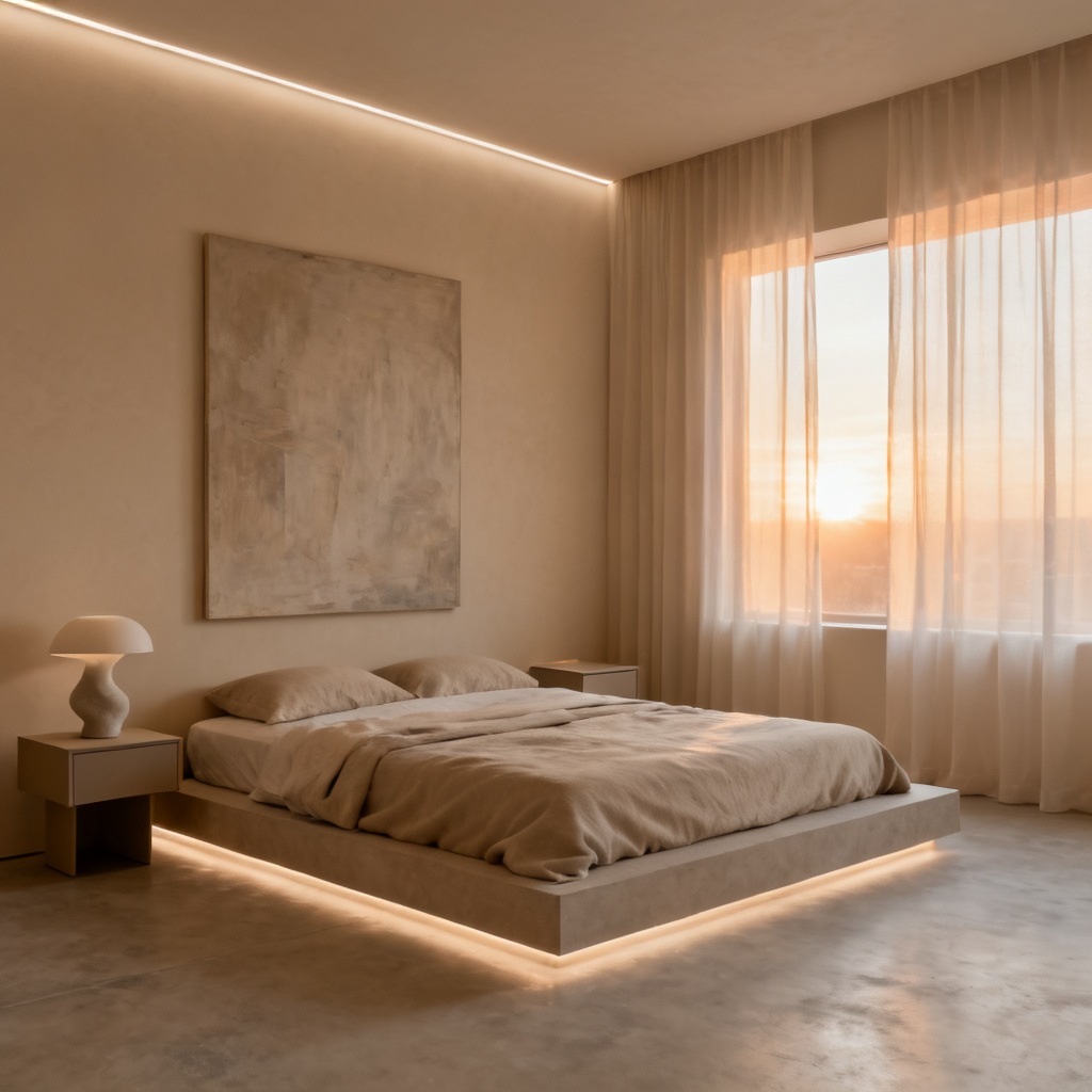 AI minimalist bedroom with soft lighting and clean lines