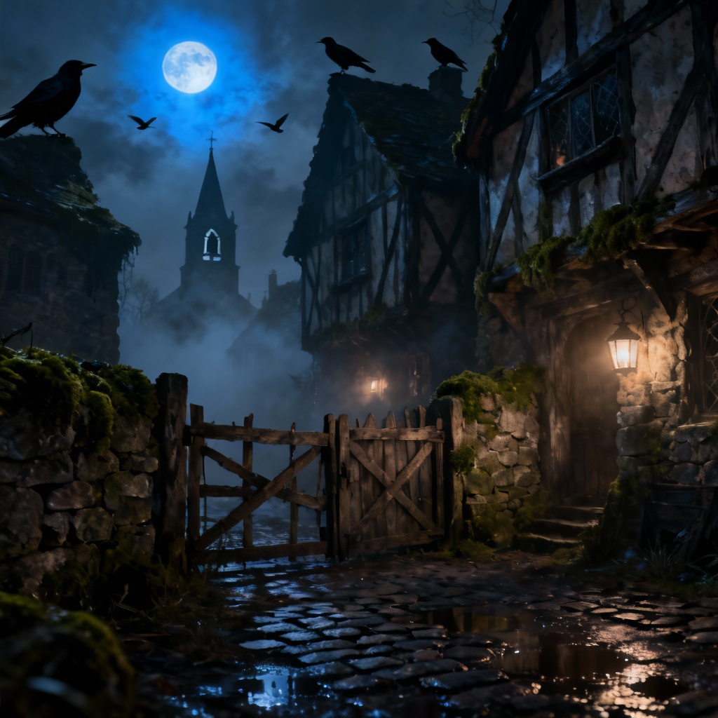AI haunted village scene with foggy gate, lanterns, and crooked cottages at night