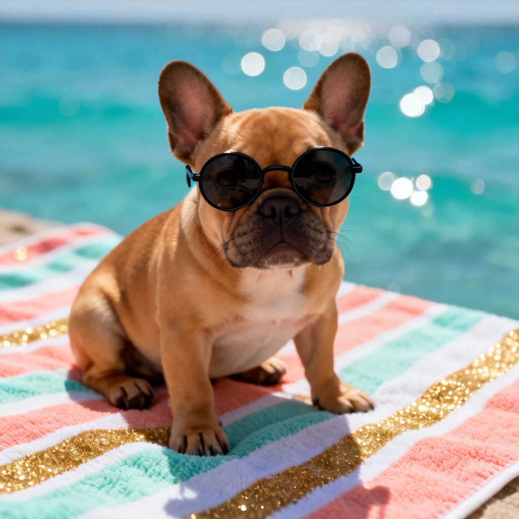 AI Beach Day Puppy with sunglasses