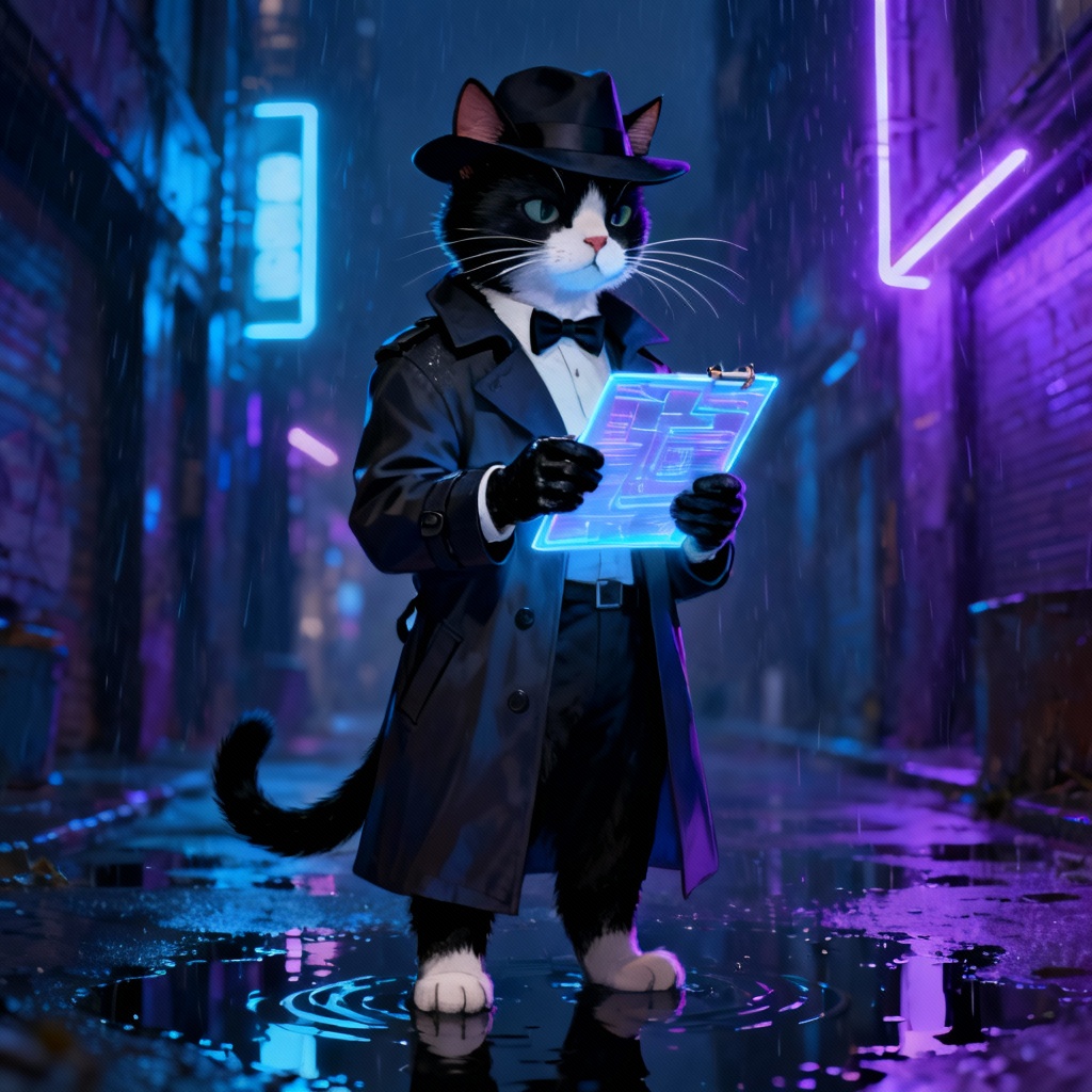 Anthropomorphic cat detective in a neon-lit city alley