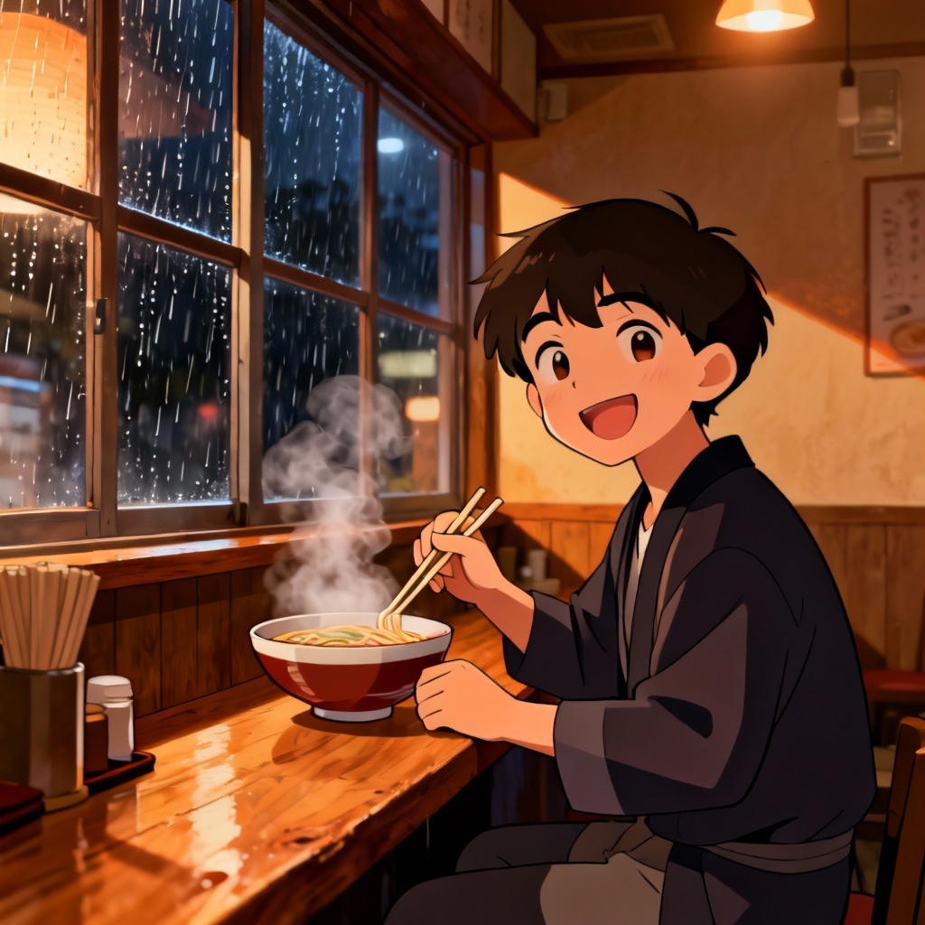 Cozy ramen shop anime illustration