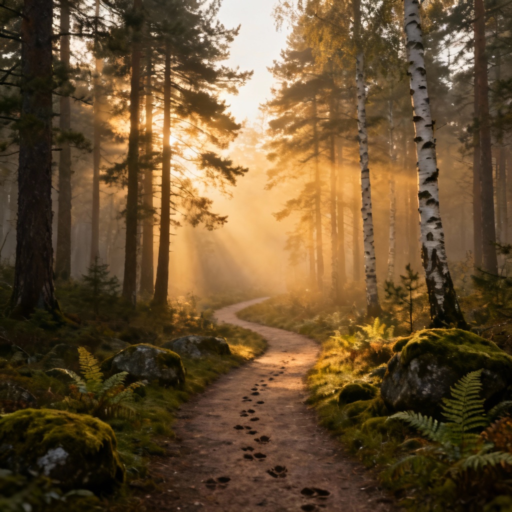 AI generated misty woodland path at dawn with golden fog