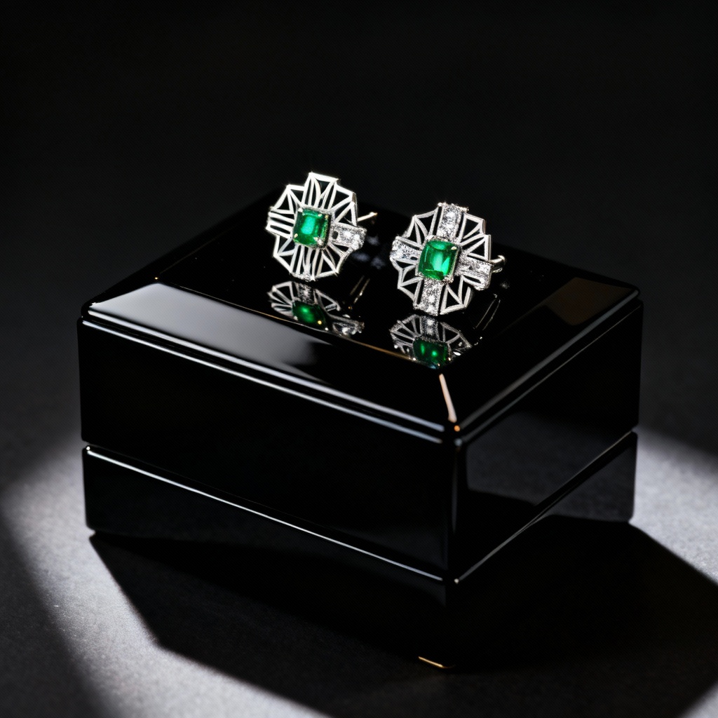 AI art deco emerald and diamond stud earrings