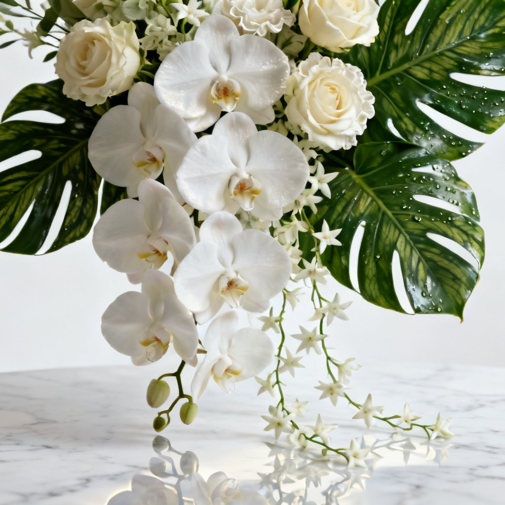 AI luxury cascading orchid bouquet with elegant trailing blooms