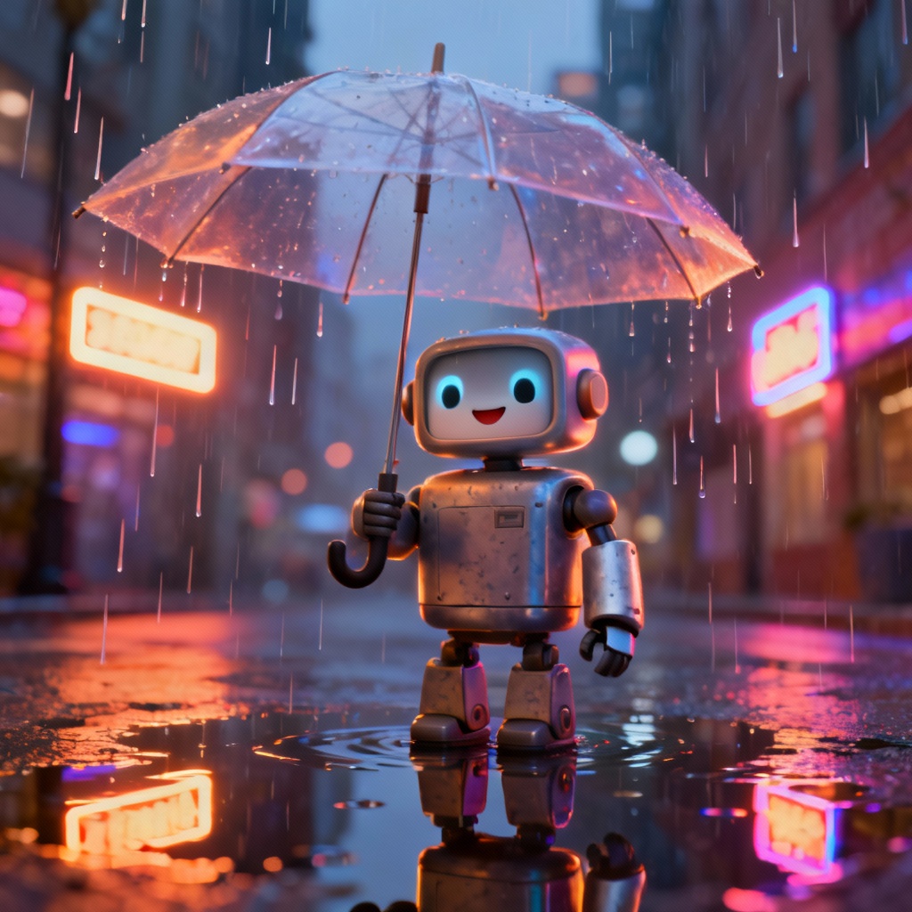 AI Pixar-style friendly robot in a rainy neon city