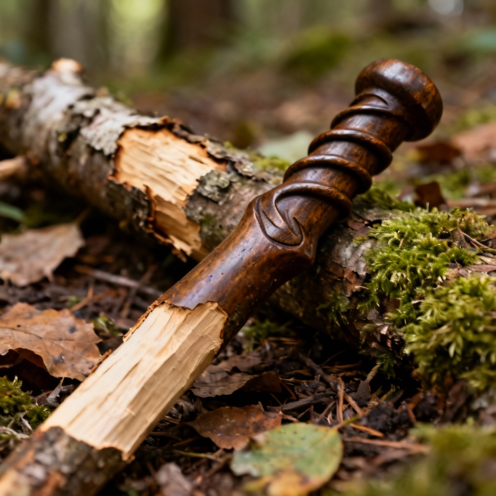 AI rustic whittled branch rod with raw bark and carved grip