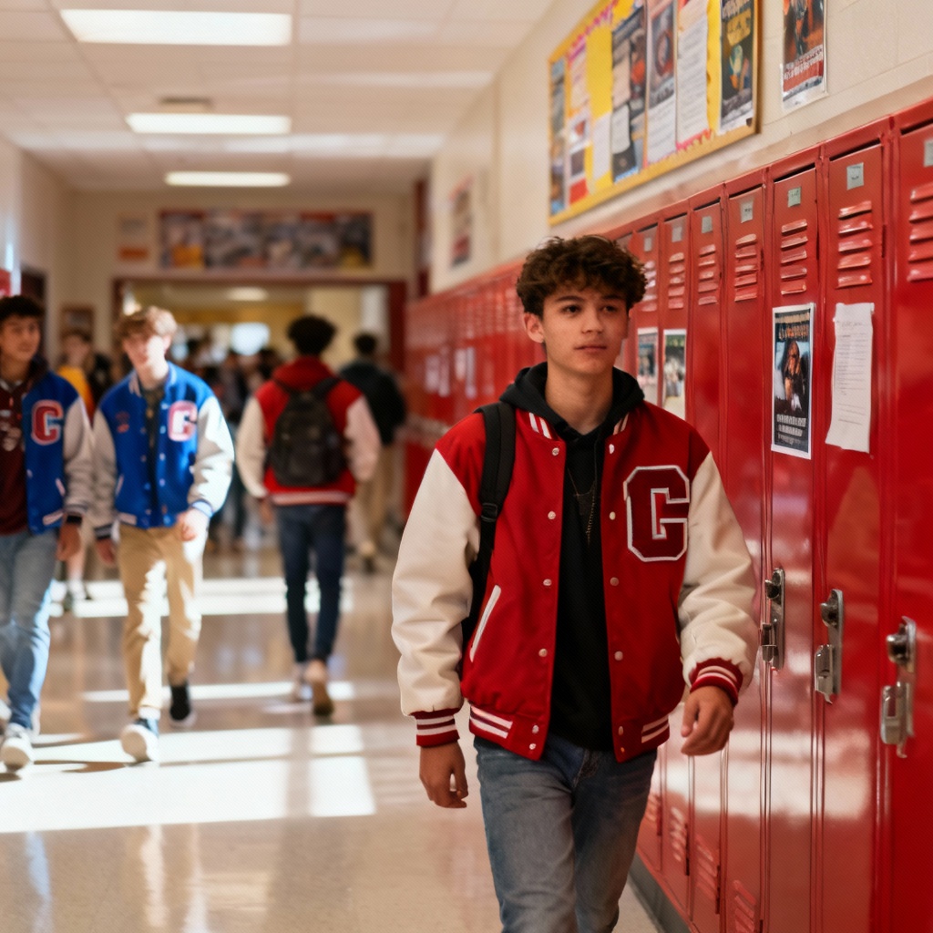 AI American high school hallway with red lockers and students