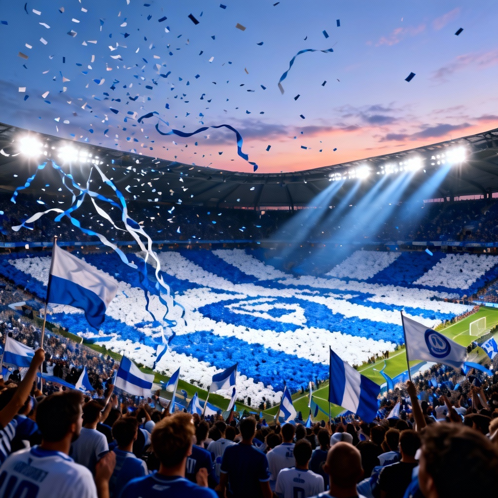 AI stadium tifo with blue and white mosaic crowd display