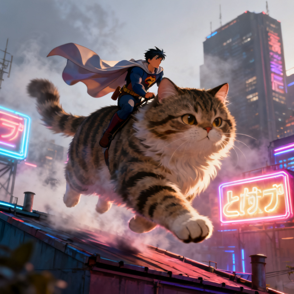 AI image of a hero riding a giant cat across a neon city skyline