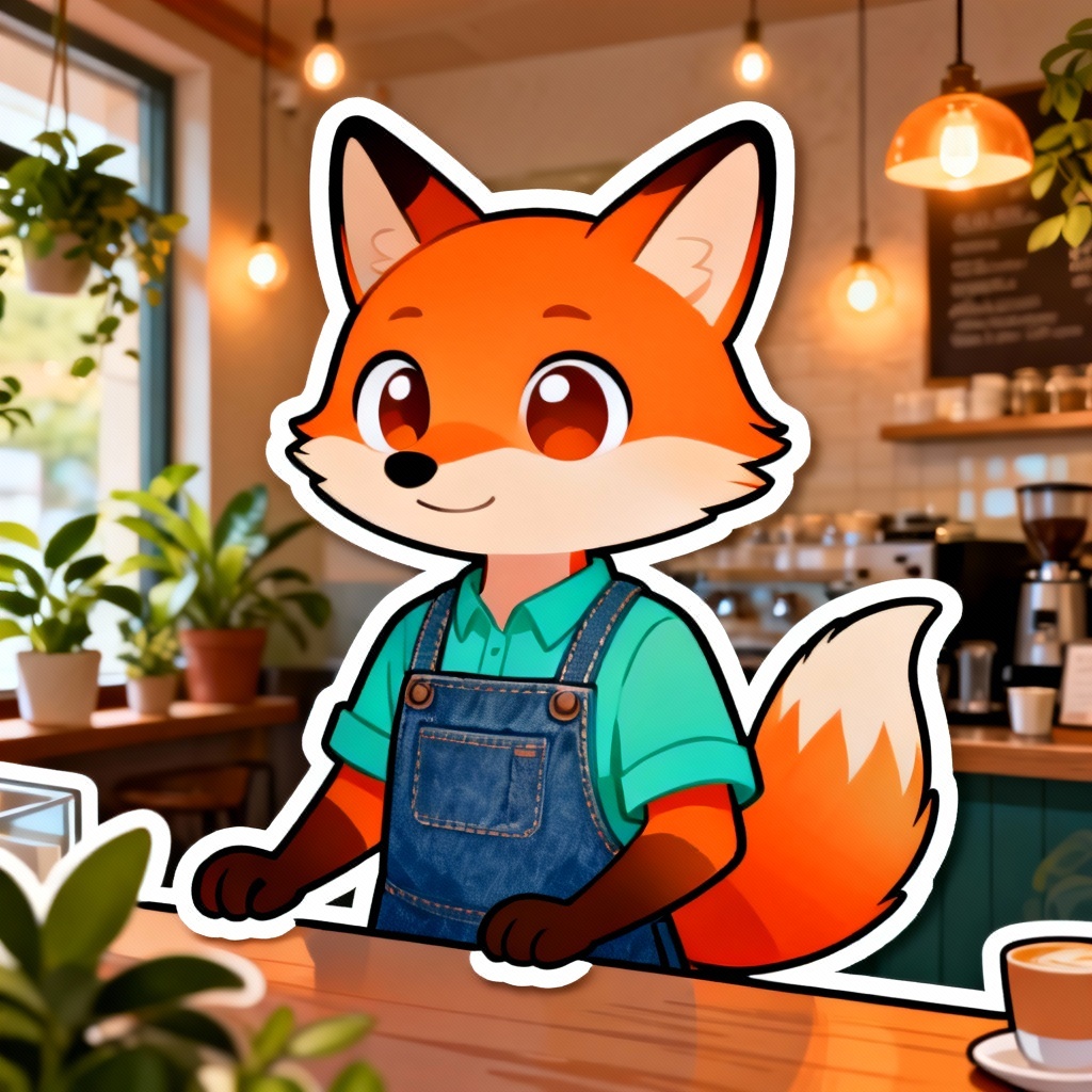 Cute fox barista cartoon mascot in a warm cafe