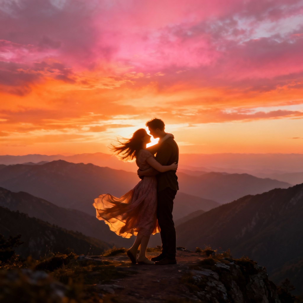 AI mountain sunset wedding hug