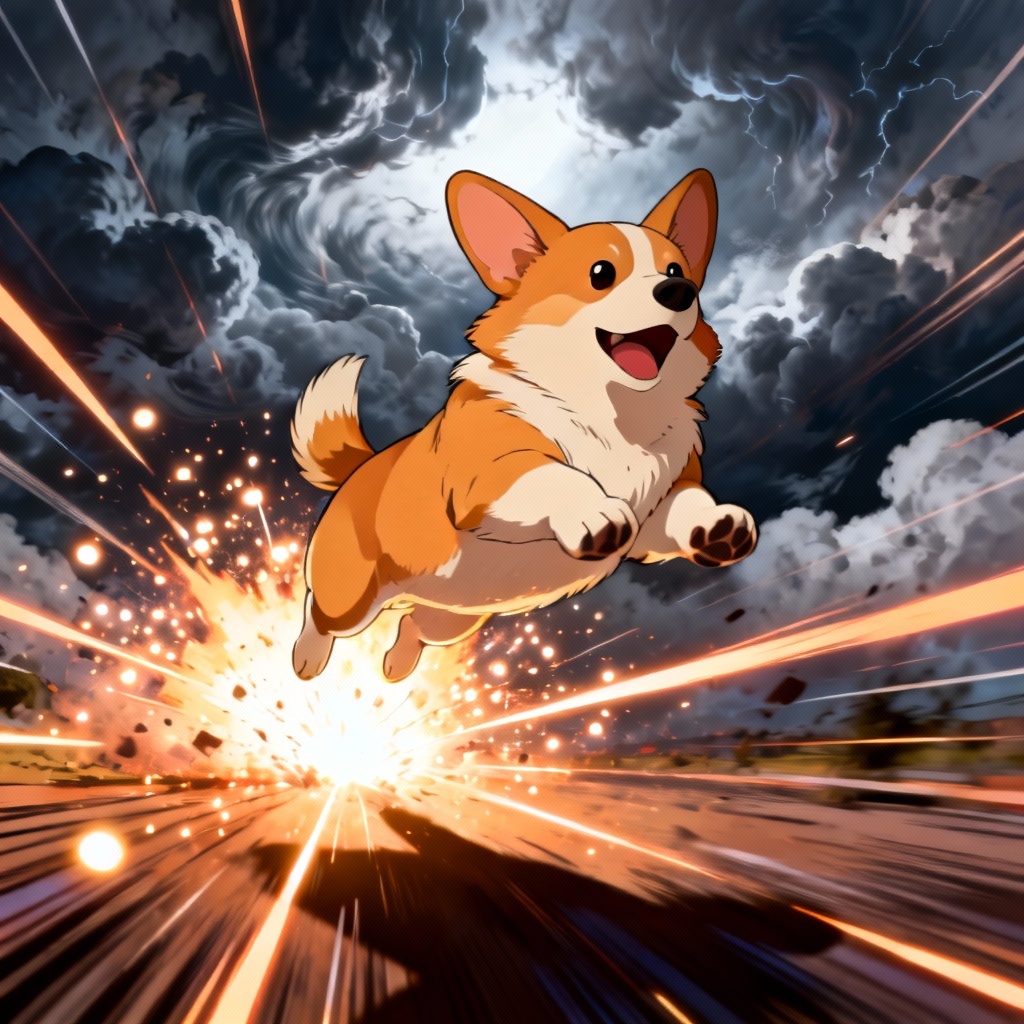Anime corgi smashing a pickleball with power
