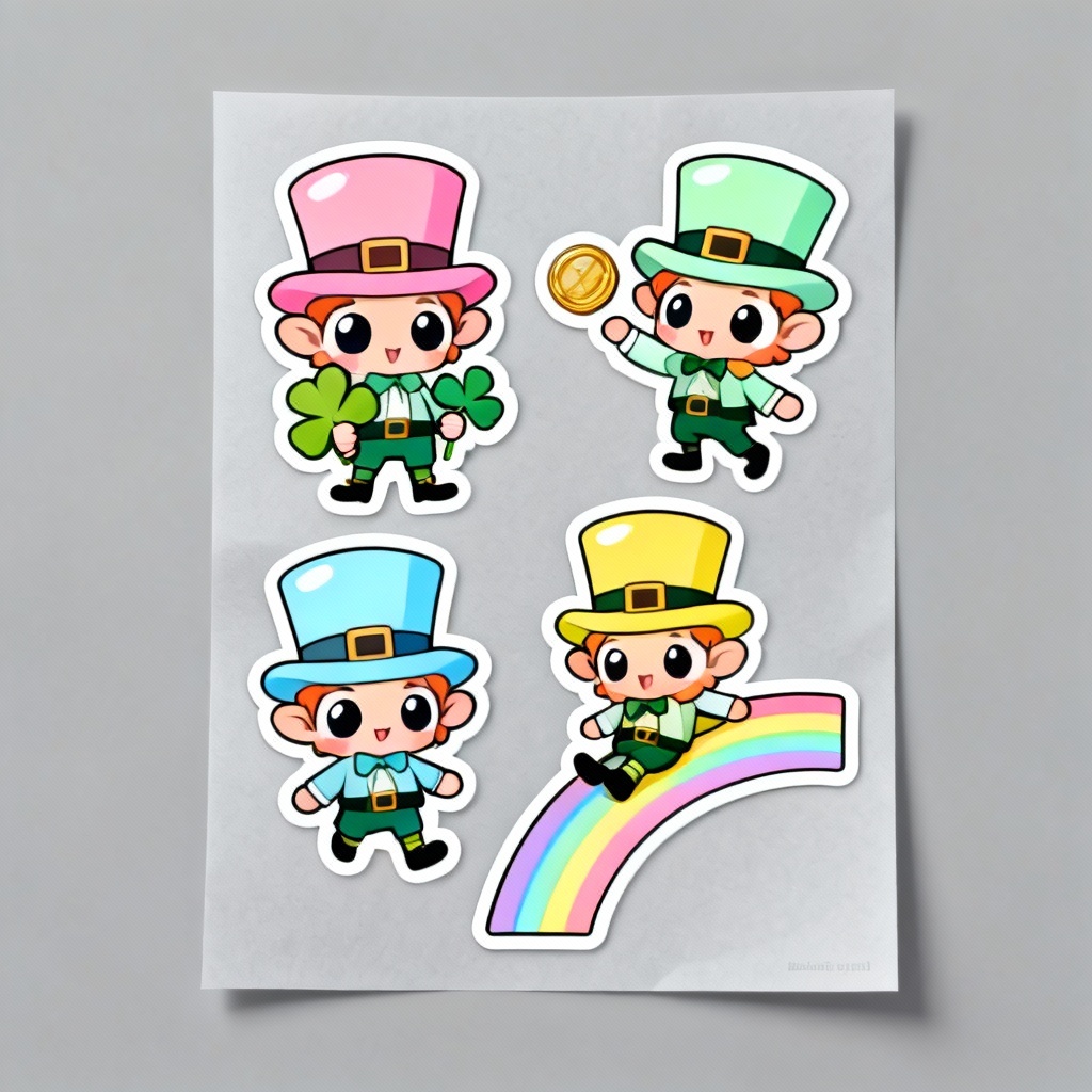 Kawaii AI leprechaun sticker pack with clover and coins
