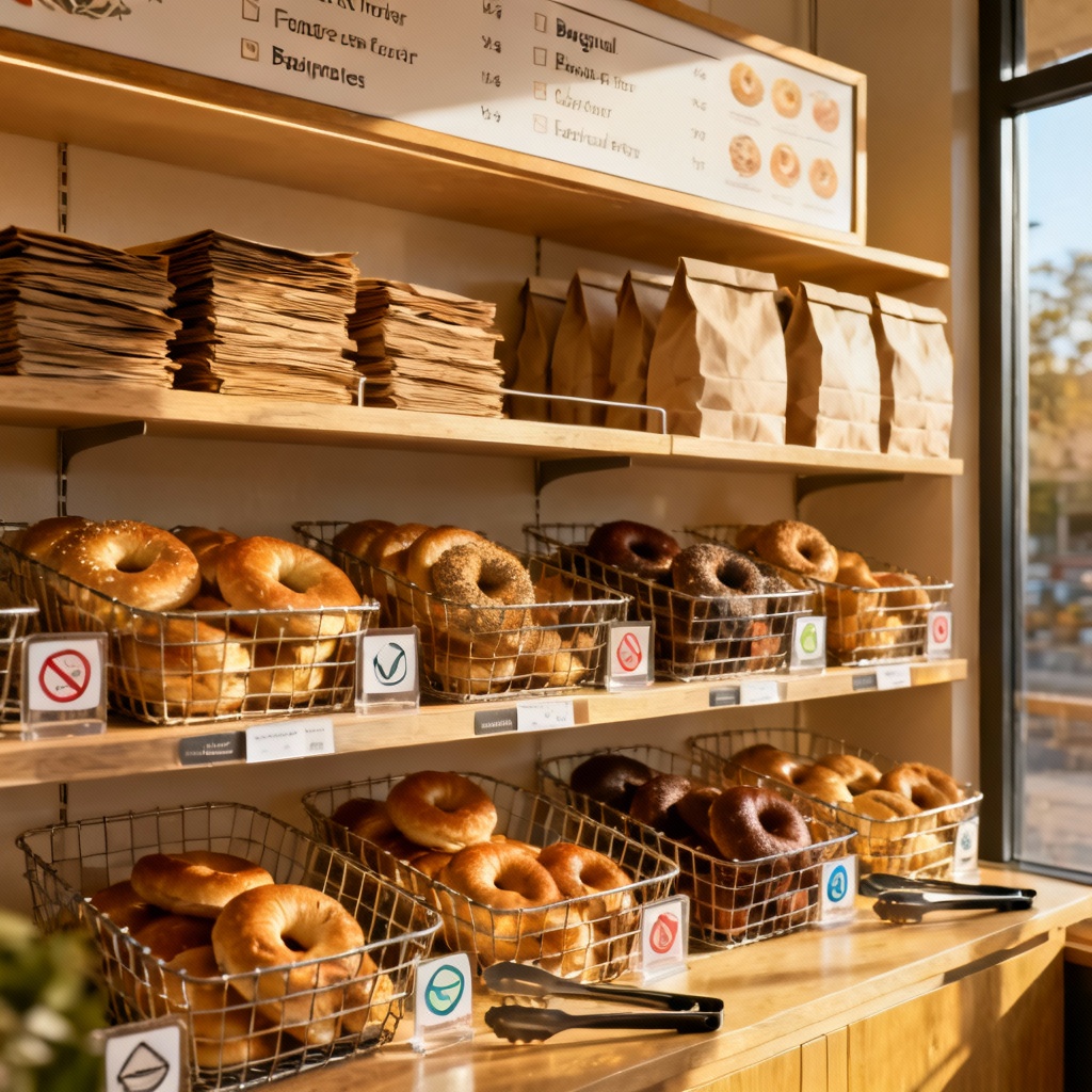 Self-serve bagel shelf with labeled baskets