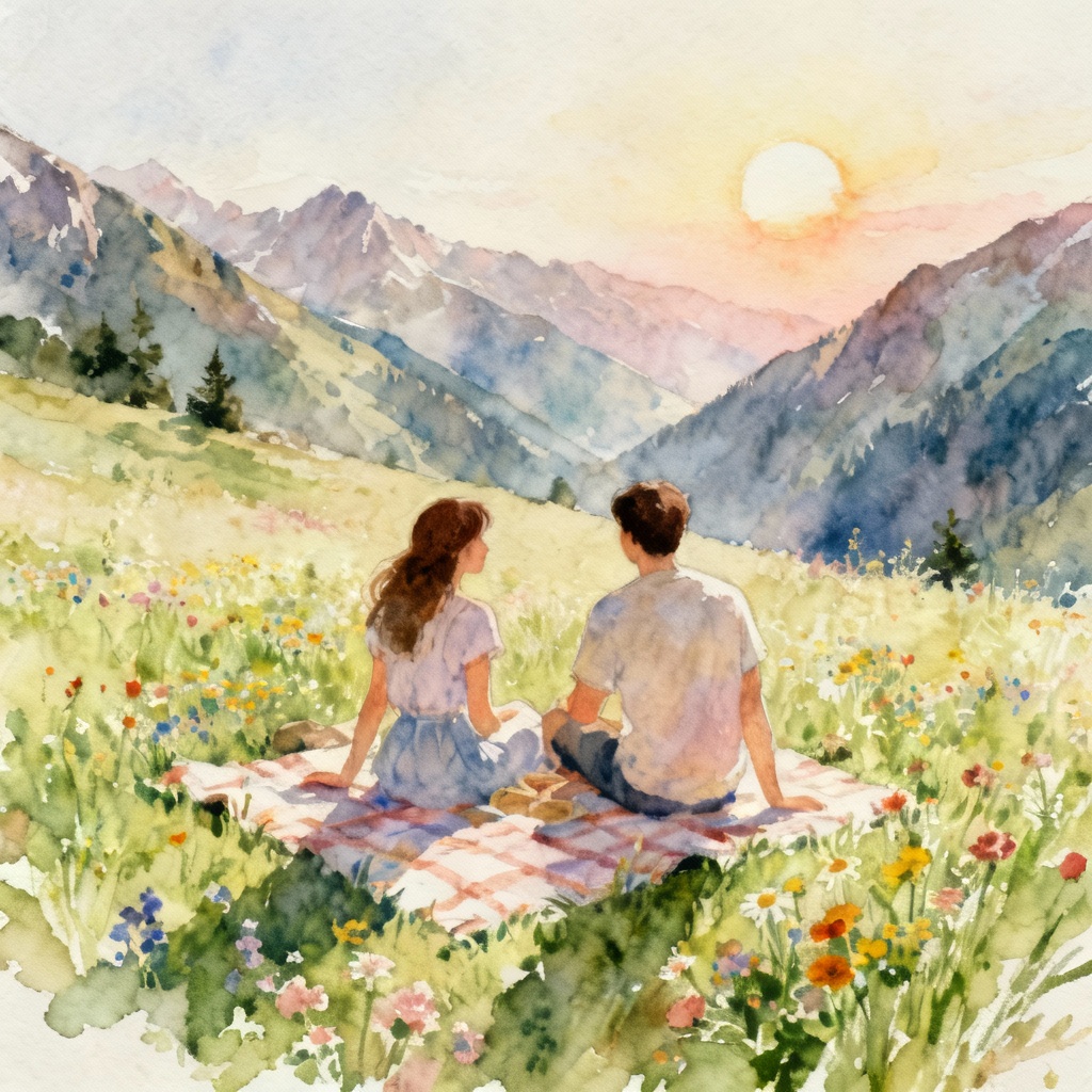 AI watercolor picnic in alpine meadow