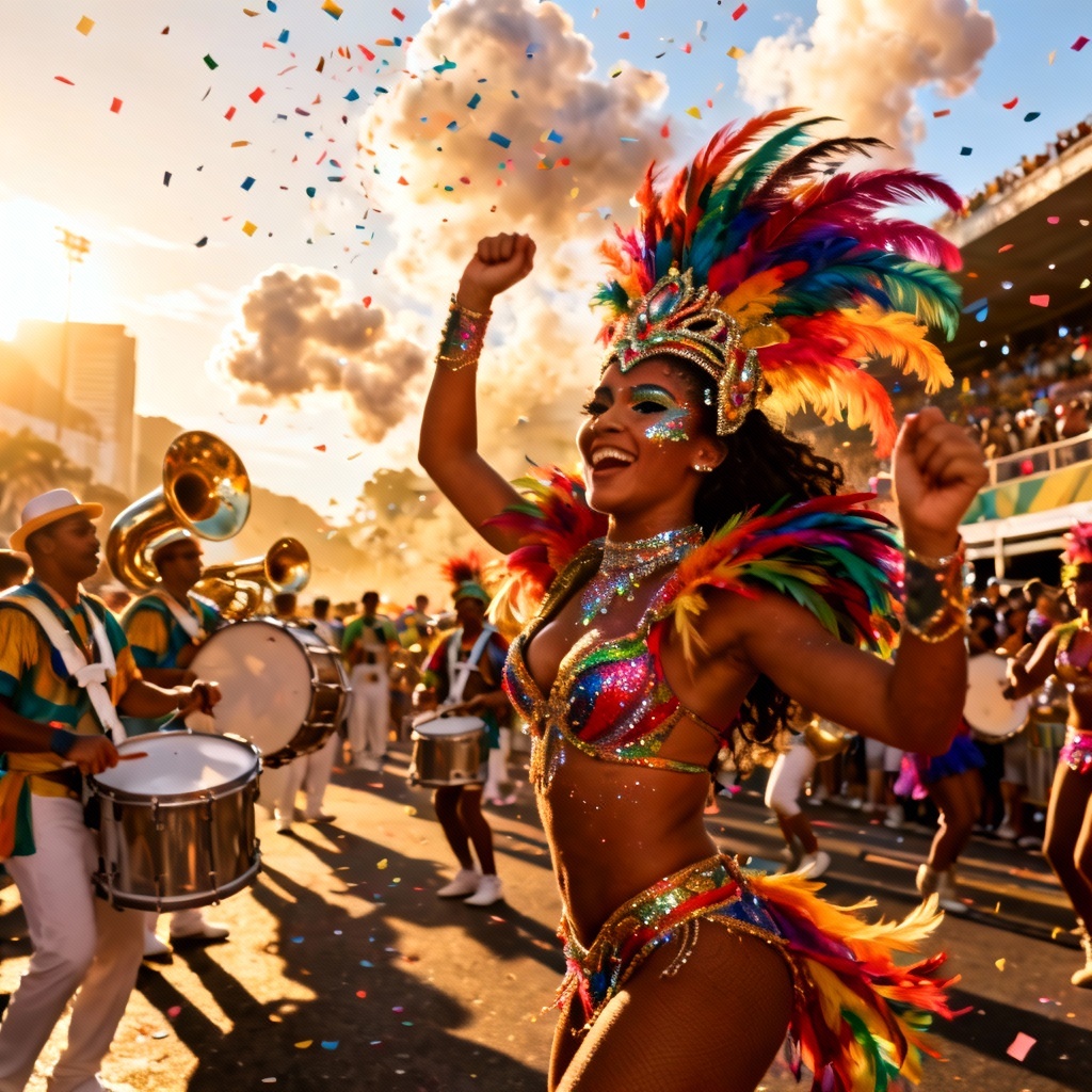 AI Rio samba parade with dancers and confetti