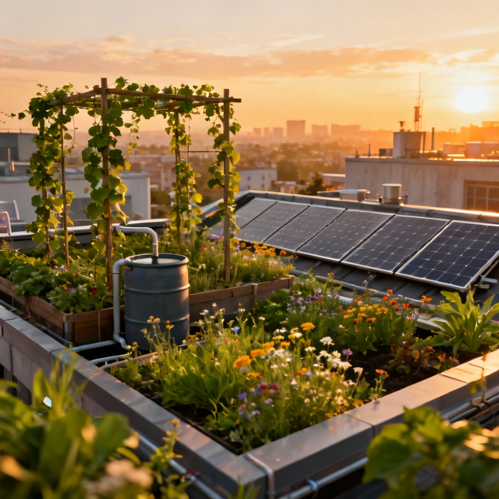 Rooftop gardens with vines and solar panels