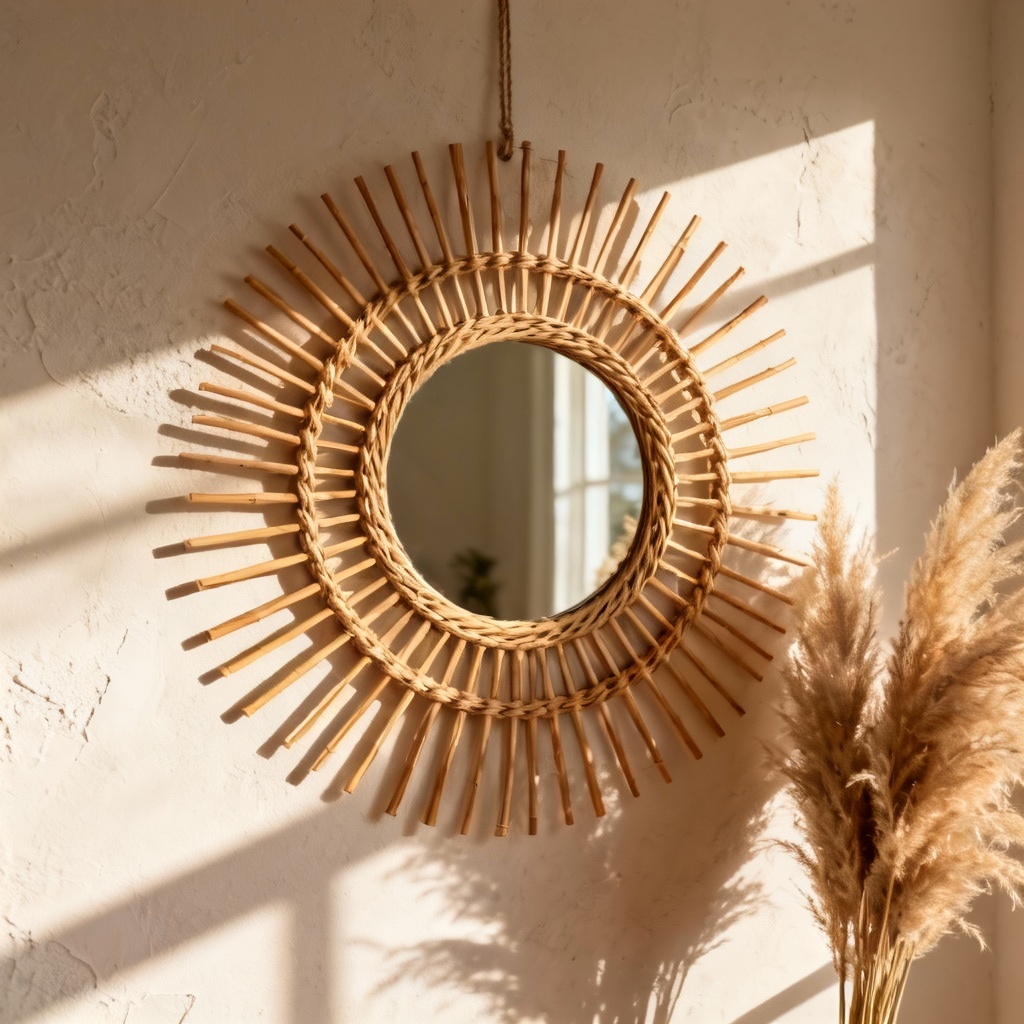AI rattan sunburst wall mirror lifestyle shot