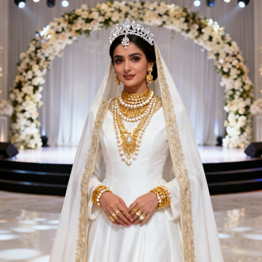AI Gulf bride with ornate jewelry and abaya cape