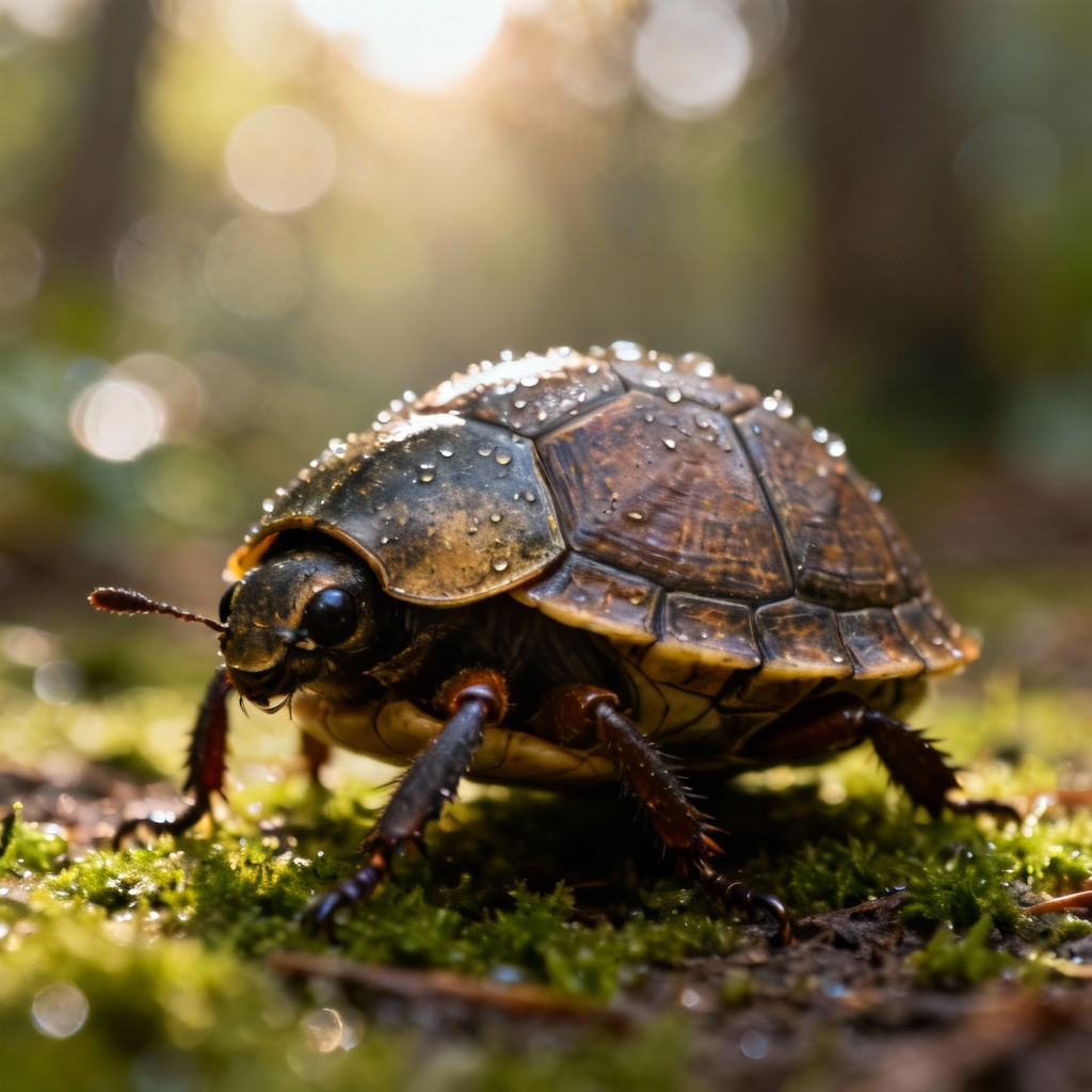 Macro beetle and turtle shell hybrid on moss