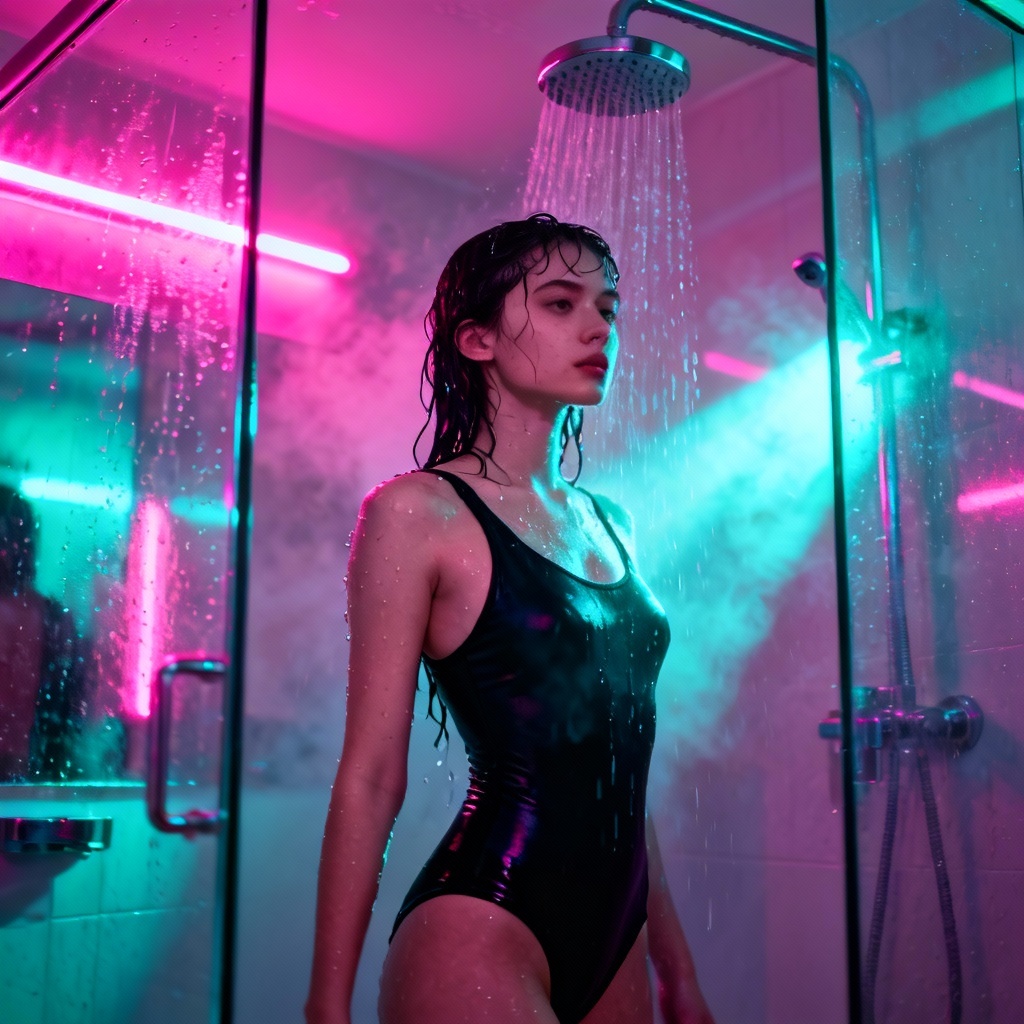AI shower girl neon fashion scene SFW