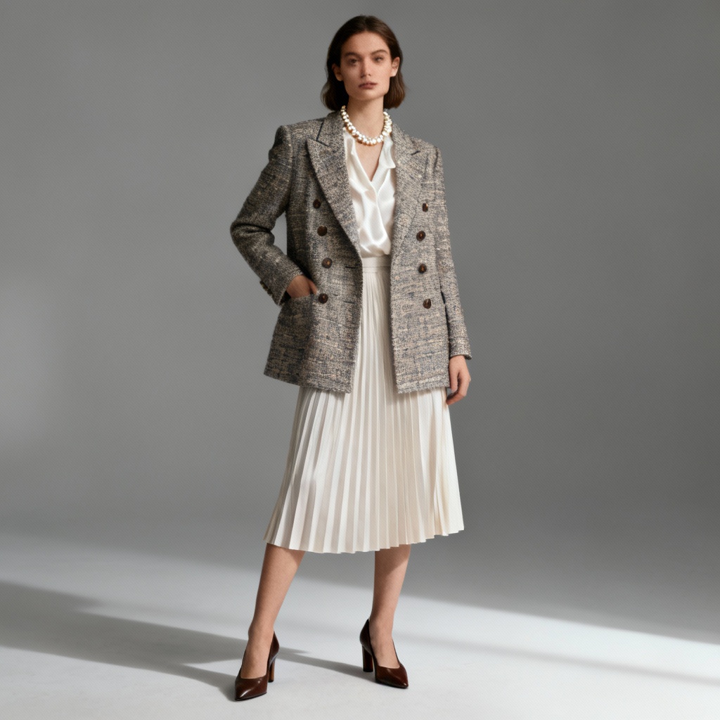 AI classic clothing editorial featuring tweed blazer and pleated skirt