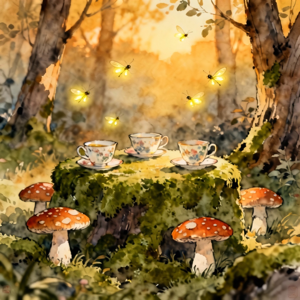 Cottagecore tea party with mushrooms and fireflies