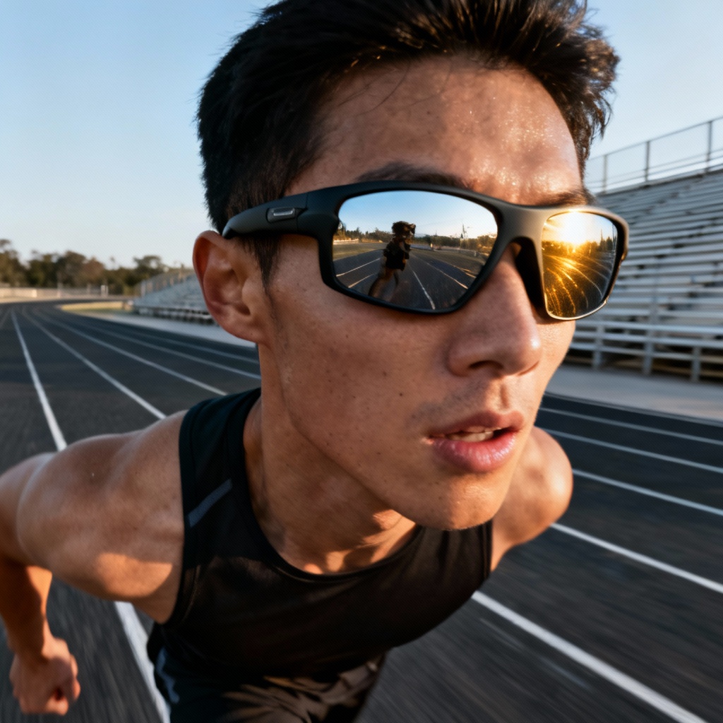 AI eyewear generator sport wrap mirrored sunglasses in action