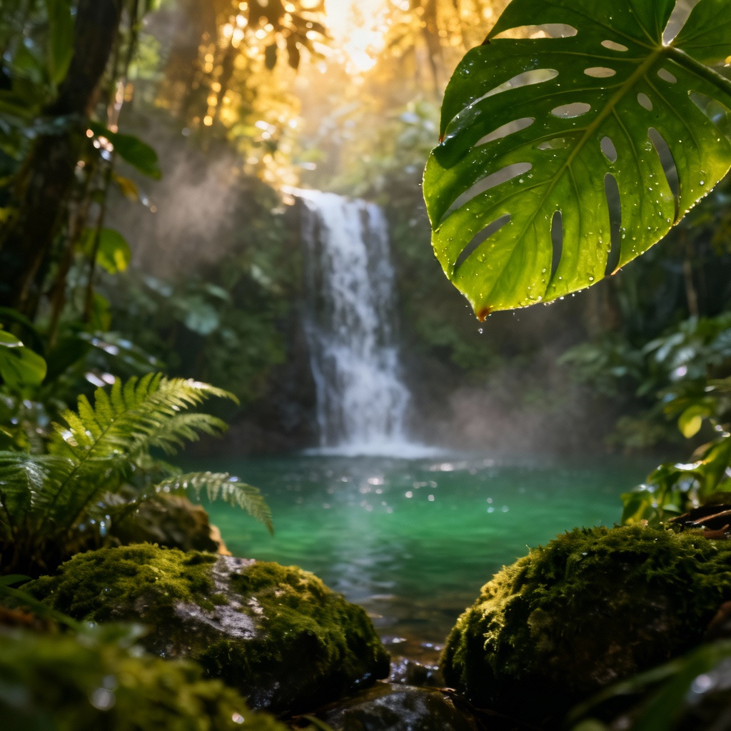 AI tropical rainforest waterfall background