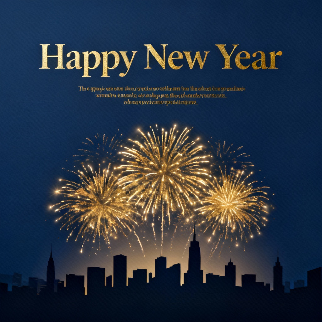 AI New Year fireworks greeting card in gold and navy