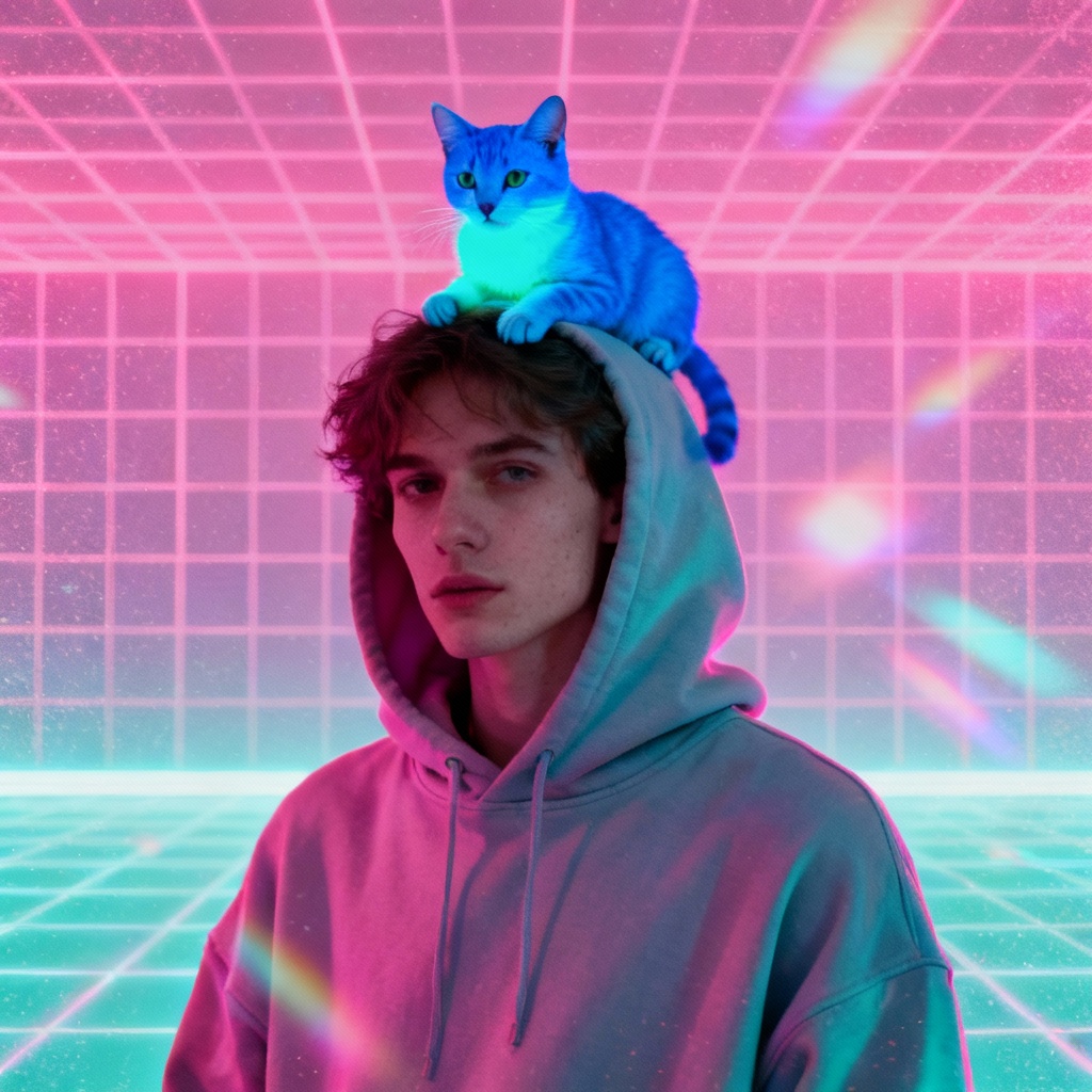 Vaporwave aesthetic cat sitting on head