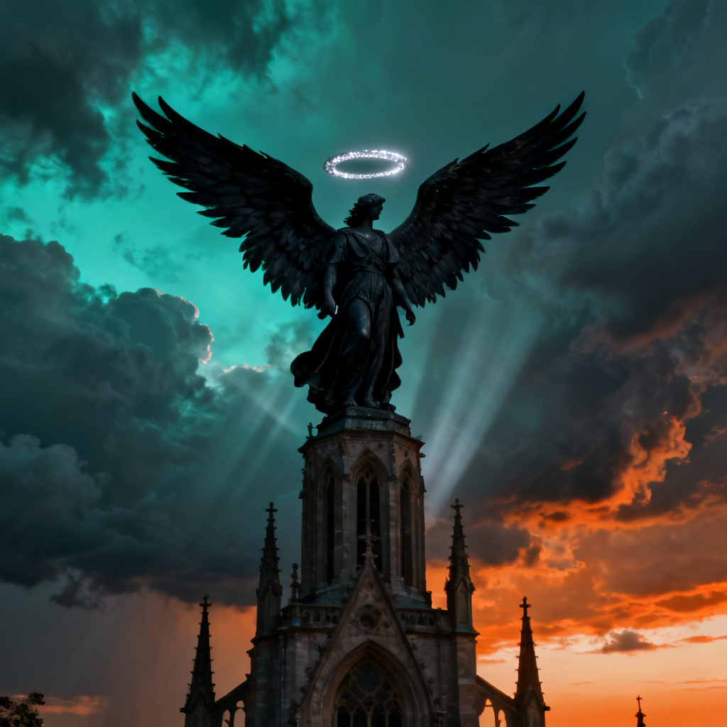 AI dark angel with black wings on cathedral at dusk