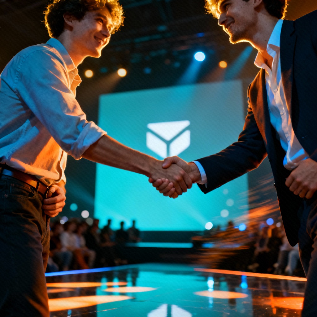 AI startup pitch handshake on stage