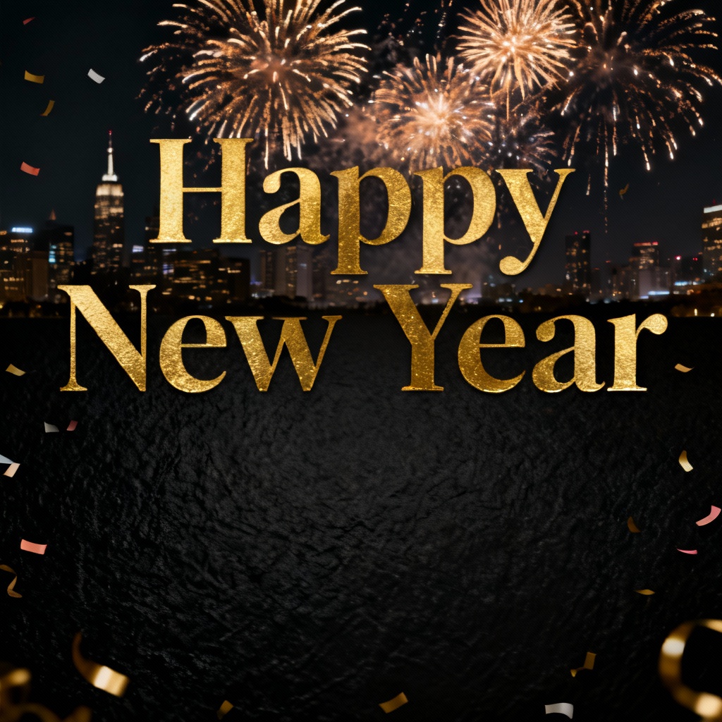 AI-generated New Year greeting card with gold typography and fireworks