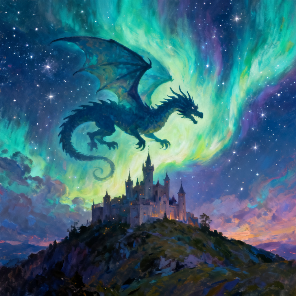 AI fantasy dragon-shaped aurora above a castle