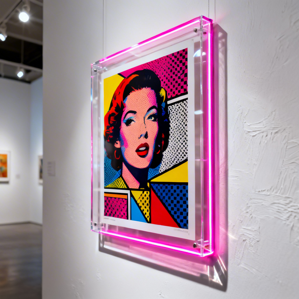 AI acrylic frame with neon edges around colorful pop art