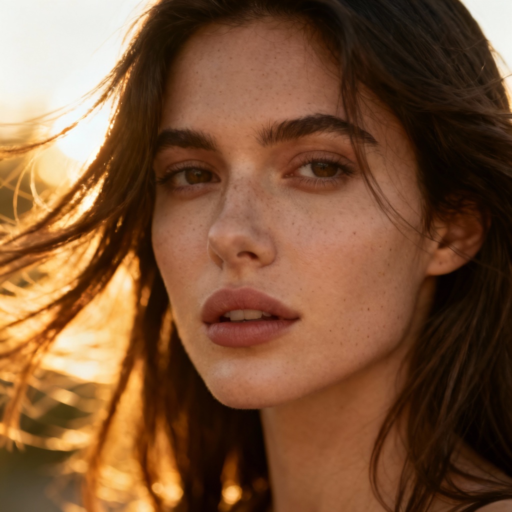 AI portrait with flowing silky hair in golden hour light