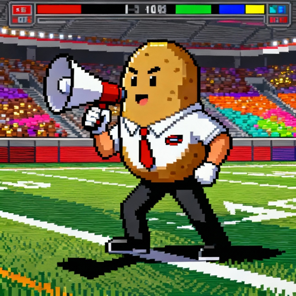 Pixel art coach potato with megaphone in retro game style