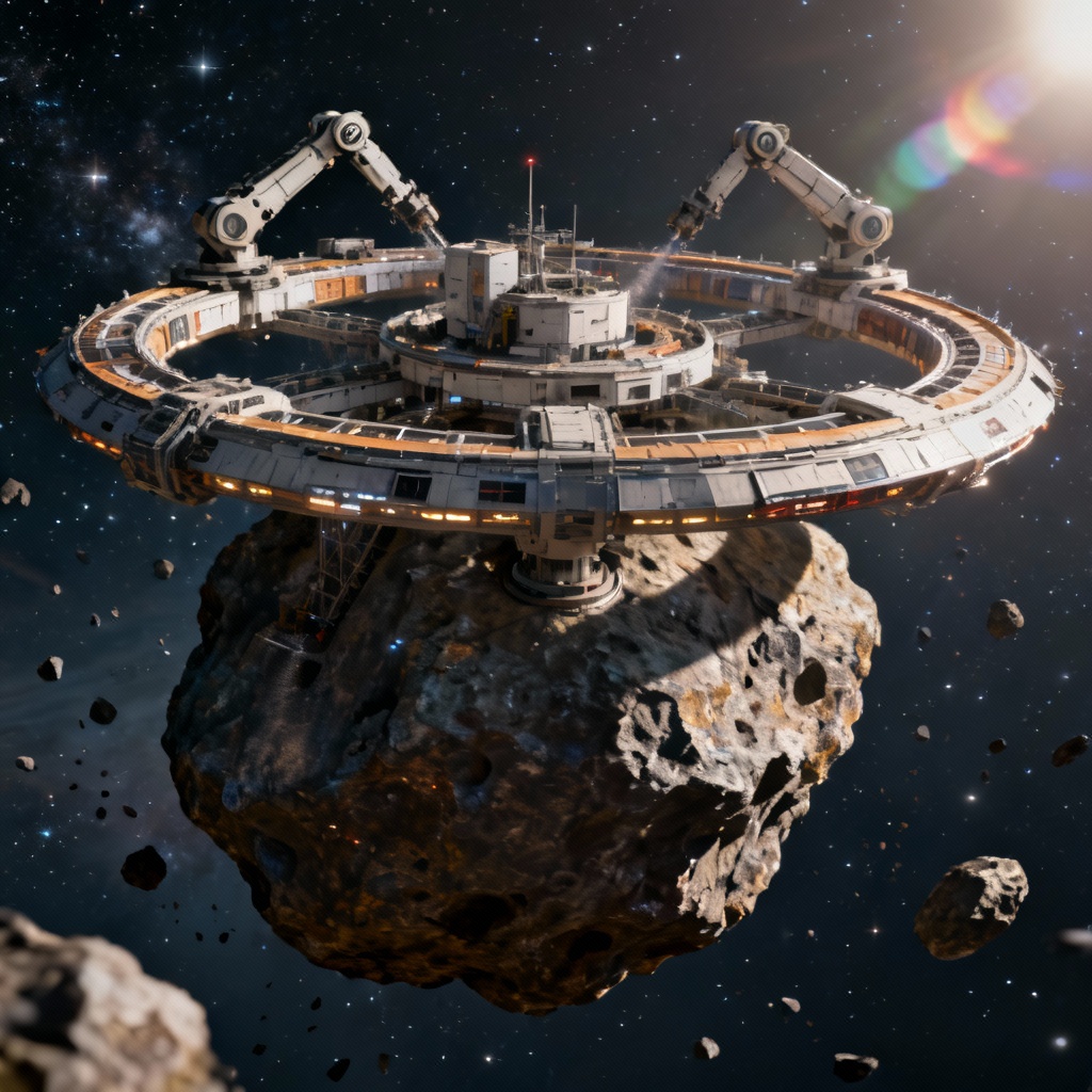 AI deep space mining platform attached to asteroid