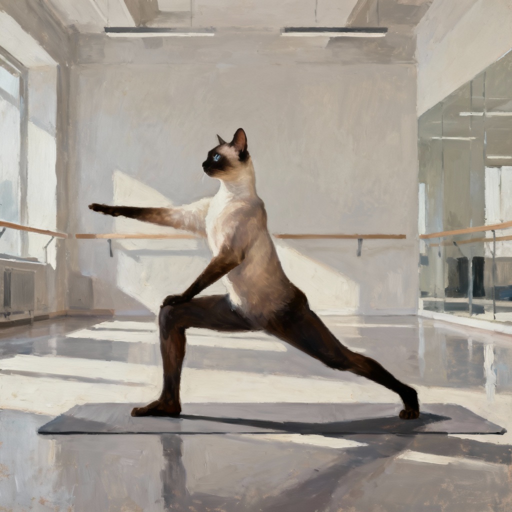 AI siamese cat in warrior II yoga pose