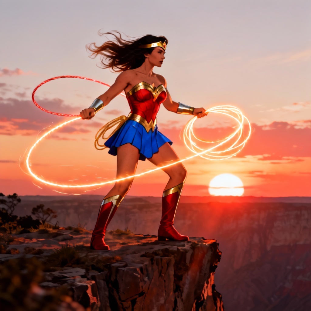 AI Wonder Woman poster style with glowing lasso and heroic pose