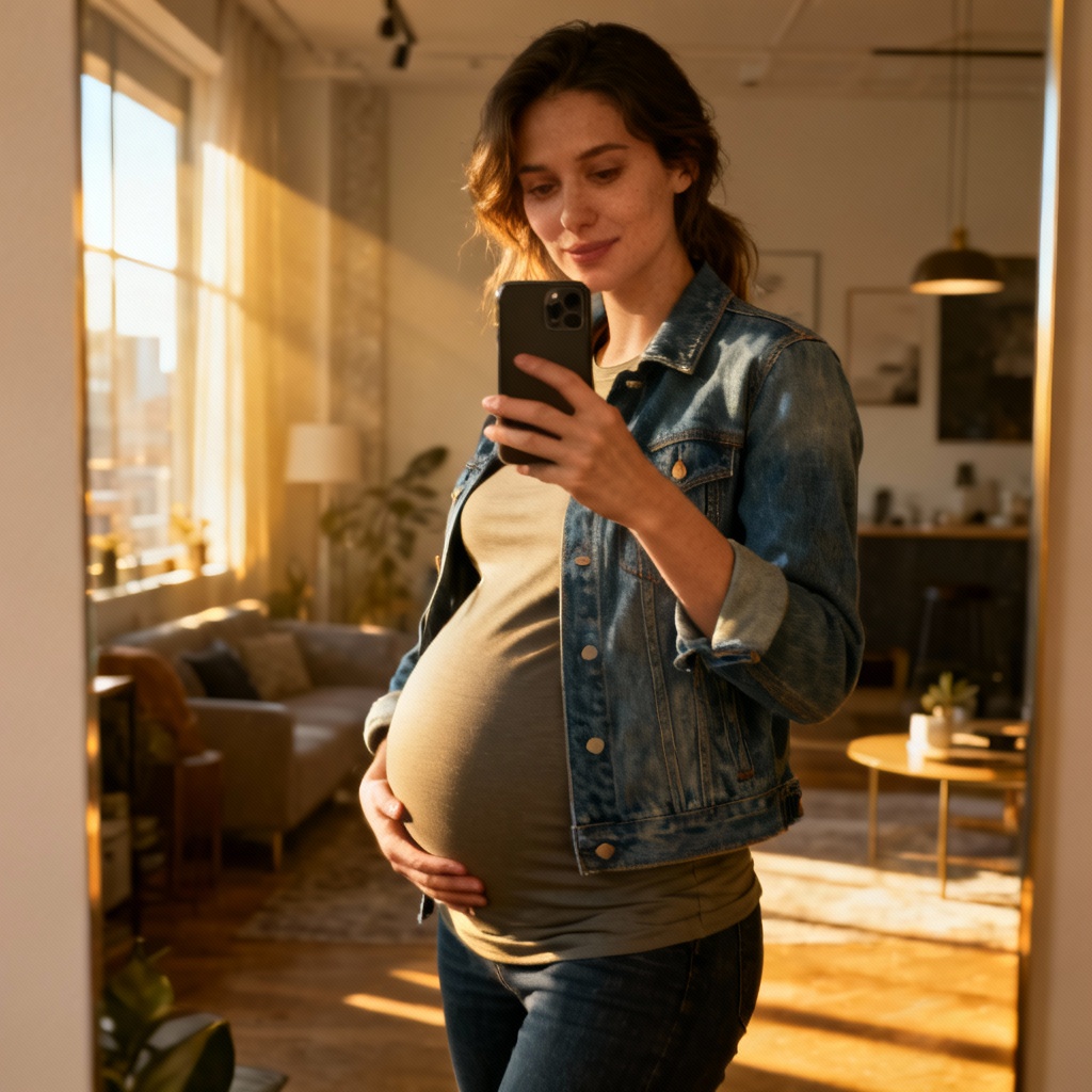 AI pregnant selfie with casual streetwear and realistic baby bump
