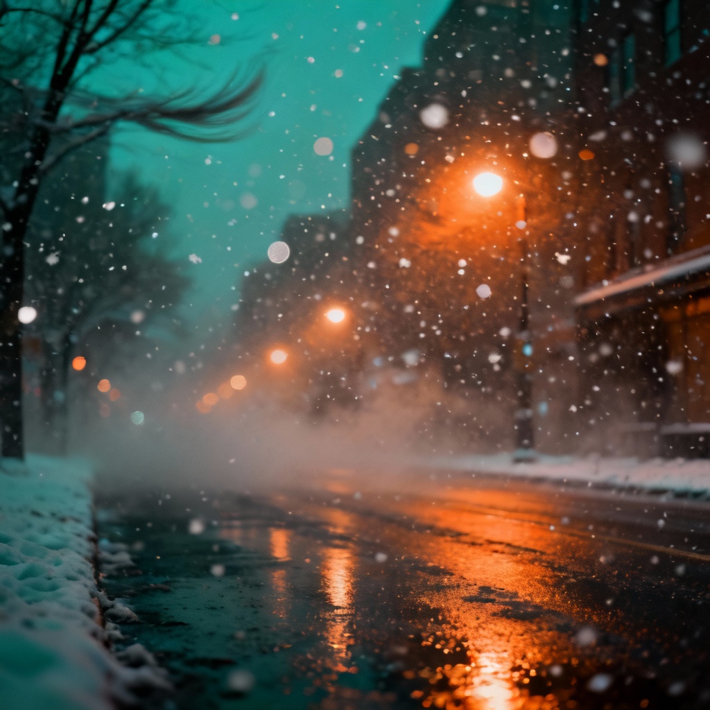 AI-generated cinematic snowfall on a city street