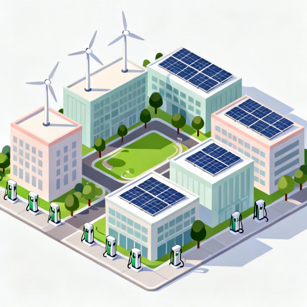 Isometric AI illustration of a sustainable city with wind energy
