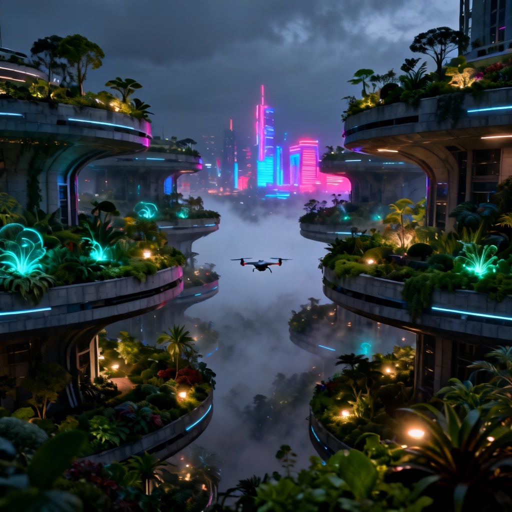 AI futuristic city rooftop garden in neon skyline